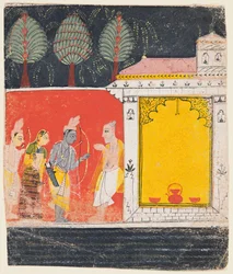 Eine Seite aus einem Ramayana: Eine Nachtszene von Rama, Lakshman und Sita vor dem Rishi..., ca. 1650