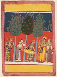 Eine Seite aus einer Rasikapriya-Serie: Krishna und Radha und die Sakhis mit Musikinstrumenten, ca. 1650