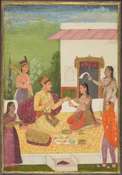 Ein Prinz im Gespräch mit einer Frau bei Erfrischungen auf einer Terrasse, ca. 1710-1720