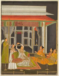 Eine Prinzessin auf einer Terrasse mit Begleitern bei Nacht, Kalligraphie auf der Rückseite, um 1760