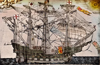Ein Holzschnitt eines Schiffes, das vermutlich die Ark Royal ist