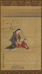 Eine junge Frau liest in der Nähe eines Bildschirms, 1615-1868