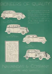Werbung für Naraindas & Company, Lieferanten von Autos, 1936