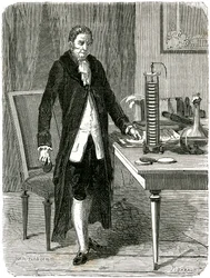 Alessandro Volta, italienischer Physiker, demonstriert seine elektrische Batterie, ca. 1800 ca. 1870