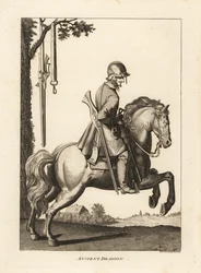 Alter Dragoner zu Pferd mit Helm, Muskete und Pulverhorn