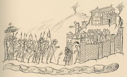 Angelsächsische Krieger nähern sich einer Festung, 1908