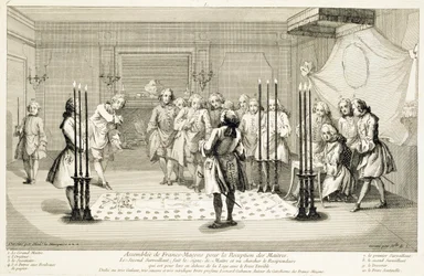 Versammlung der Freimaurer vor der Einweihung eines Meisters, ca. 1733