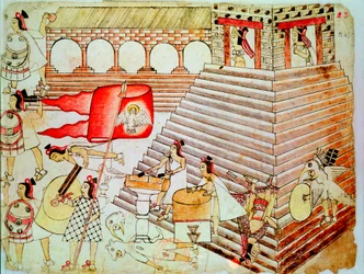 Aztekische Krieger verteidigen den Tempel von Tenochtitlan gegen die Konquistadoren, 1519-1521