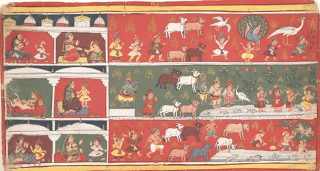 Bakasura, der Kranichdämon, kommt in Brindavan an... ein verstreutes Bhagavata Purana..., ca. 1700