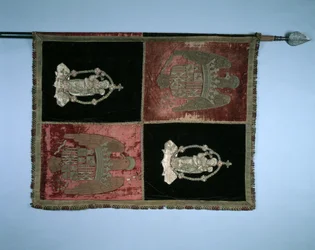 Banner mit einem gevierten königlichen Wappen von Spanien und der Madonna mit Kind, 1500er Jahre