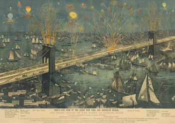 Vogelperspektive der großen New Yorker und Brooklyn Brücke und großes Feuerwerk, 1883