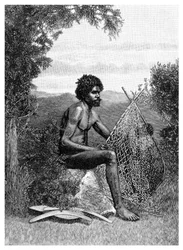 Australischer Aborigine bessert sein Netz aus, Australien, 1886