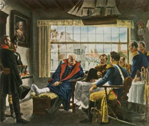 Blücher nimmt Napoleons Medaillen und Hut nach Waterloo in Besitz, 18. Juni 1815