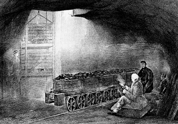 Boden eines Schachtlochs in einer Kohlenmine mit einem Zug beladener Wagen, 1860