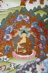 Buddha Sakya Muni umgeben von Versuchung. Thangka, Bhaktapur, Nepal