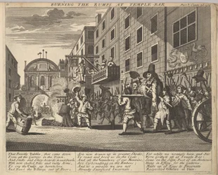 Das Verbrennen der Rümpfe am Temple Bar, Platte 11: Illustrationen zu Samuel Butlers Hudibras