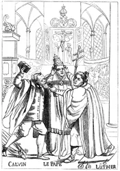 Calvin, Luther und der Papst kämpfen gegeneinander, veröffentlicht 1600