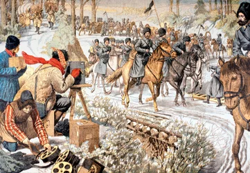 Kameramann beim Filmen russischer Truppen in der Mandschurei für eine frühe Wochenschau, Russisch-Japanischer Krieg, 1904