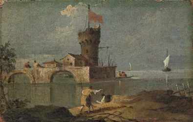 Capriccio mit einem runden Turm, zwei Häusern und einer Brücke, 18. Jahrhundert