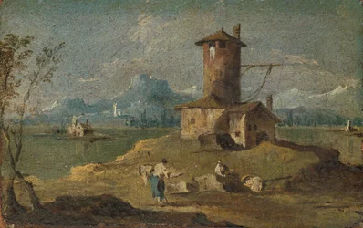 Capriccio mit einer Insel, einem Turm und Häusern