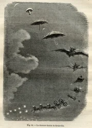 Himmlische Metamorphose: Der Traum eines jungen Mädchens, das den Mond betrachtet, der sich in einen Pilz, Regenschirm, Fledermaus... und schließlich in einen Tank des Großen Bären verwandelt (letzte Zeichnung von Jean-Isidore Gerard, genannt J.J. Grandvil