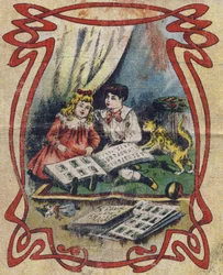 Kinder betrachten ein Bilderbuch zur Veranschaulichung des Alphabets. Vierte Umschlagseite des Albums drolatic. Serie Nummer 4 in Albums-chromo auf Leinwand. Chromolithographien auf Gewebe. Bild von Marcel Vagne, Jarville-Nancy, Anfang des 20. Jahrhunderts