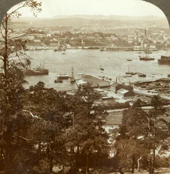 Christiania und ihr geschäftiger Hafen, N.W. vom Ekeberg Königspalast rechts, Norwegen, um 1905