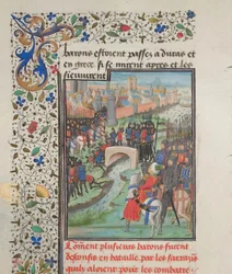 Zusammenstoß der Armee der Barone und der Sarazenen. Miniatur aus der Historia von Wilhelm von Tyrus, 1460er