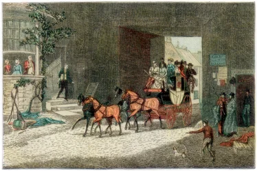 Kutsche kommt im Hof eines Gasthauses an, 1890