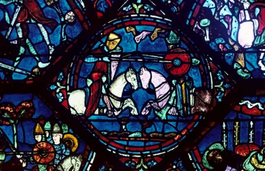 Kampf zwischen Roland und König Marsile, Buntglas, Kathedrale von Chartres, Frankreich, 1194-1260