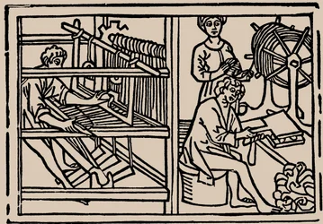 Kämmen, Spinnen und Weben von Wolle. Aus Speculum Vitae Humanae von Rodericus Zamorensis, 1479