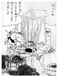 Kupferschmelzen, eine primitive Methode, Japan, ca. 1900
