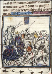 Kreuzritter und Sarazenen kämpfen während des Dritten Kreuzzugs aus den Chroniques de France ou de St Denis
