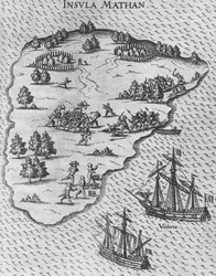 Tod von Magellan auf der philippinischen Insel Mactan. Aus Levinus Hulsiuss Beschreibung der Wunder