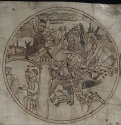 Dämonen greifen Guthlac an, Manuskript Das Leben des heiligen Guthlac, frühes 12. Jahrhundert