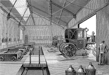 Depot, in dem elektrisch betriebene Pariser Taxis mit frisch geladenen Batterien ausgestattet wurden, 1899