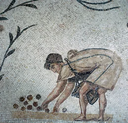 Detail eines römischen Mosaiks, das Obsternte zeigt, 2. Jahrhundert