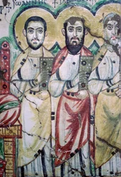 Detail einer koptischen Wandmalerei, die zwei Apostel zeigt