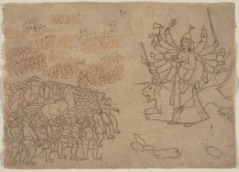 Durga konfrontiert die Armee des Dämons Chikshura: Szene aus dem Devi Mahatmya (ca. 1780)