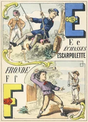 E F: echasses, escarpolette, fronde - Spiele Alphabet, ca. 1890