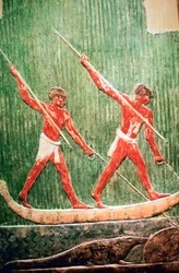 Ägyptisches bemaltes Relief einer Nilpferdjagd