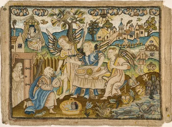 Gesticktes Bild: Abraham bewirtet die Engel, 2. Hälfte des 17. Jahrhunderts