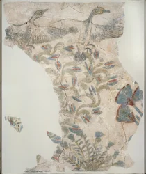 Fragment eines bemalten Pflasterbodens, der wilde Gänse im Flug darstellt, XVIII. Dynastie