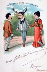 Französische Ehebruch-Karikatur-Postkarte, ca. 1900