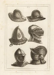 Französischer Eisenkesselhelm 1,2, gravierte Stahlkappe aus dem 16. Jahrhundert 3, großer heller Helm 4, offener Helm 5, verzierter Helm mit Visier 6