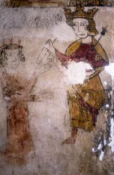 Fresko des Ferrande-Turms in Pernes-les-Fontaines (Pernes les Fontaines, Vaucluse (84)) aus dem 13. Jahrhundert: Karl I. von Anjou (1227-1285), dem der Leichnam von Manfred I. von Sizilien oder Hohenstaufen (ca. 1232-1266) gebracht wird.