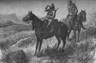 Frontier Light Horse, auf Vedette-Dienst, entdeckt Zulus in der Nähe von Woods Camp, auf Kambula Hill, ca. 1880