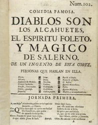 Frontispiz von "Diablos son los alcahuetes, el espiritu foleto, y magico de Salerno"