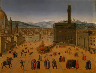 Hinrichtung von Girolamo Savonarola auf der Piazza della Signoria in Florenz 1498, frühes 17. Jahrhundert