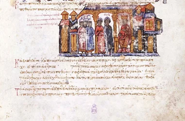 Großfürstin Olga besucht Konstantin VII. Miniatur aus dem Madrid Skylitzes, 11.-12. Jahrhundert